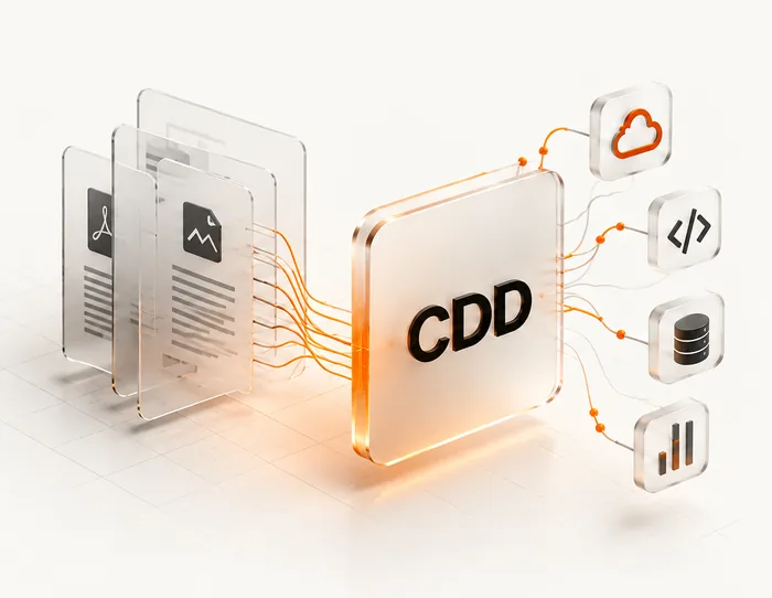 Documents flowing into the CDD platform and out to cloud, code, database and analytics services