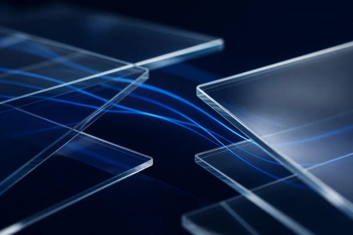 Layered glass panels with blue light lines running between them